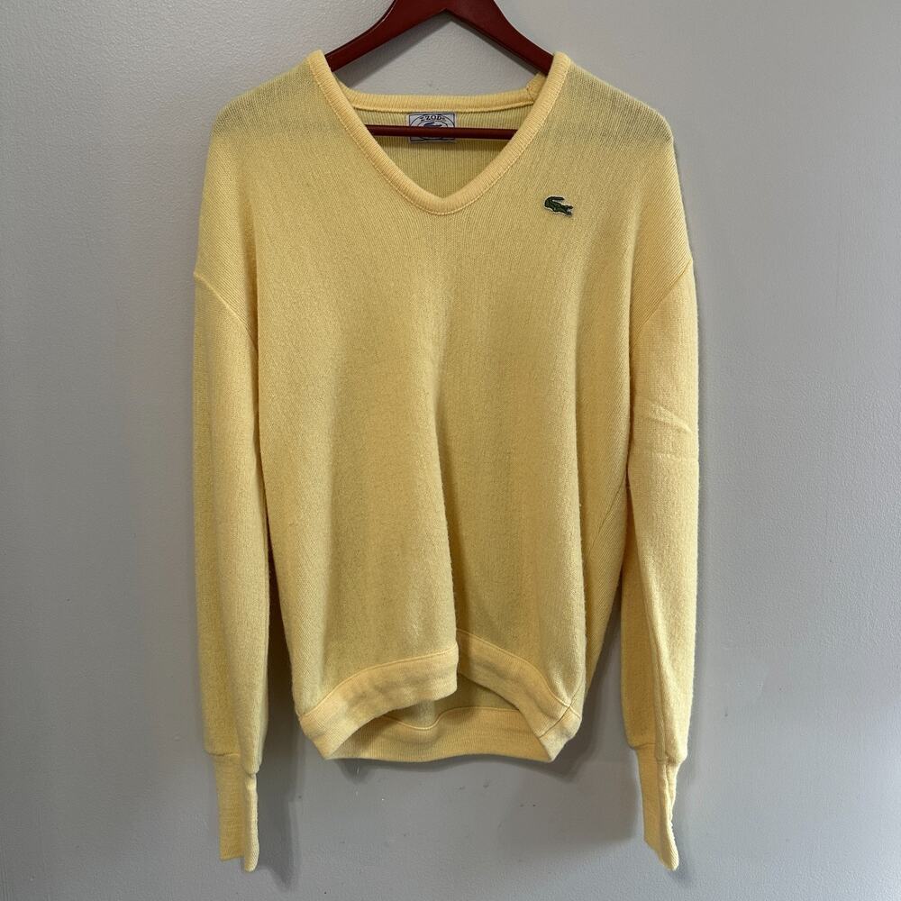 Vintage Izod Lacoste Mens Large Sweater Yellow V-Neck Union Made 80's Made USA